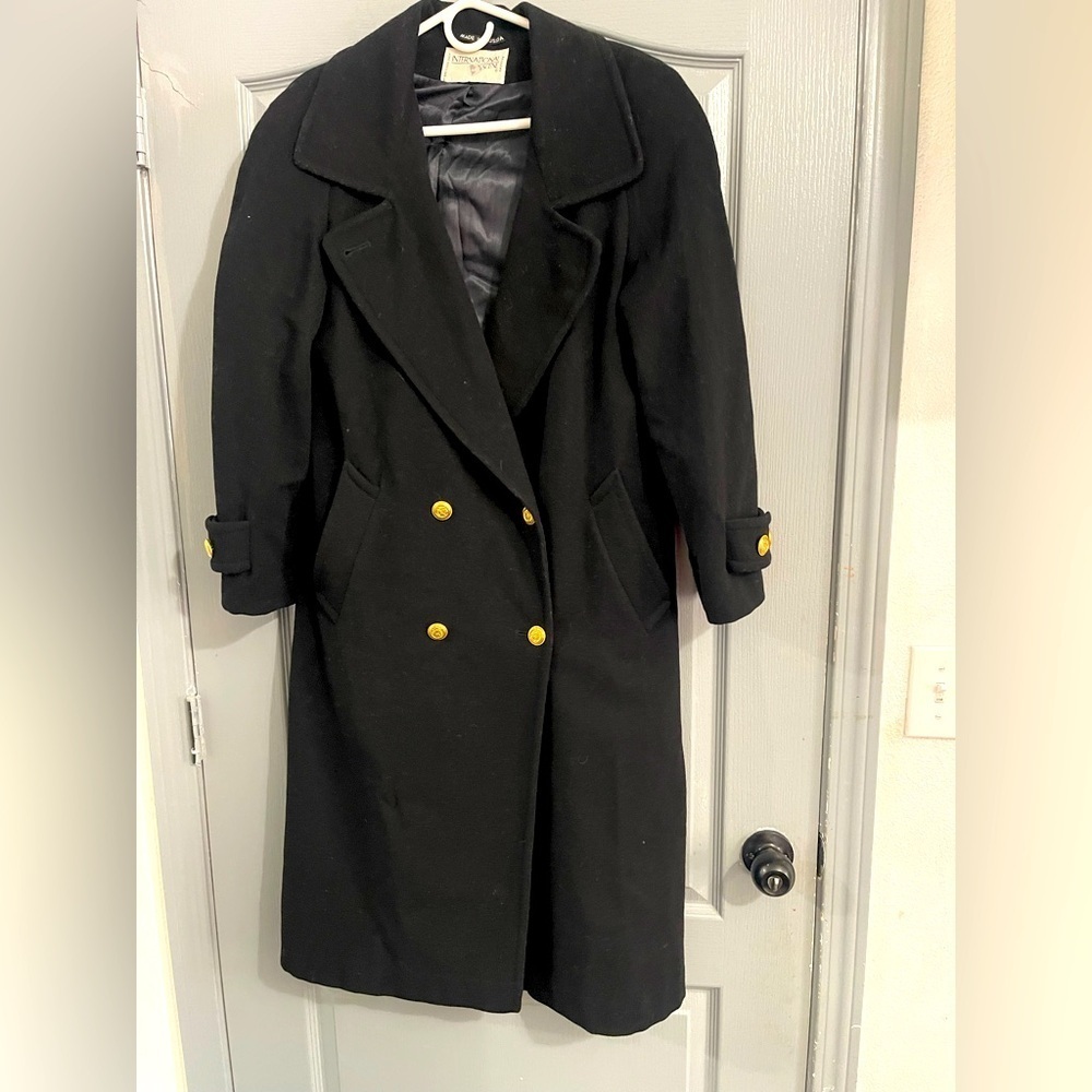 International Scene Black Trench Coat with Gold Buttons WOOL made in Rusia